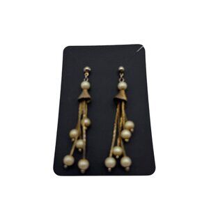Vintage Gold Dangle Earrings With Pearl Beads Long Tassel Design Unique Style